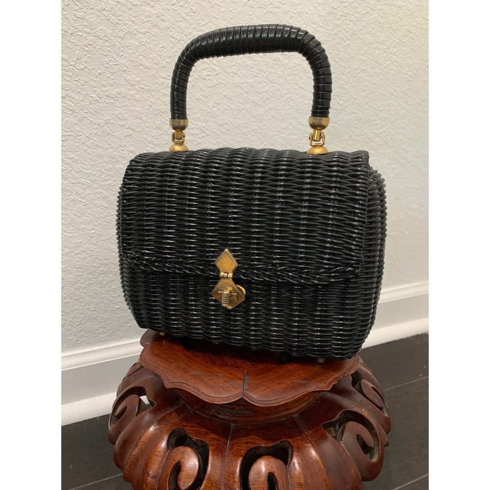 Vintage Lesco Lona Black Wicker Top Handle Bag Gold Hardware Woven Box Purse